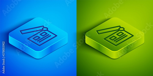 Isometric line Movie clapper icon isolated on blue and green background. Film clapper board. Clapperboard sign. Cinema production or media industry. Square button. Vector Illustration.