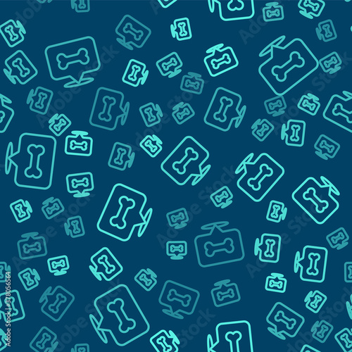 Green line Dog bone icon isolated seamless pattern on blue background. Pets food symbol. Vector.