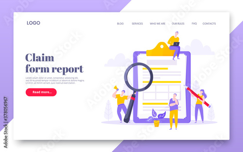 Online survey form business concept with tiny people with megaphone, pencil nearby giant clipboard claim form and flat style design vector illustration landing page template.