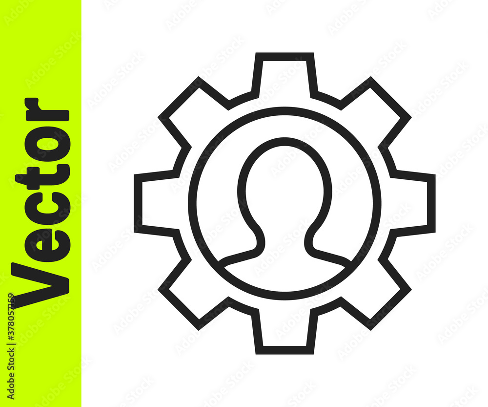 Black line Human with gear icon isolated on white background. Artificial intelligence. Thinking brain sign. Symbol work of brain. Vector.
