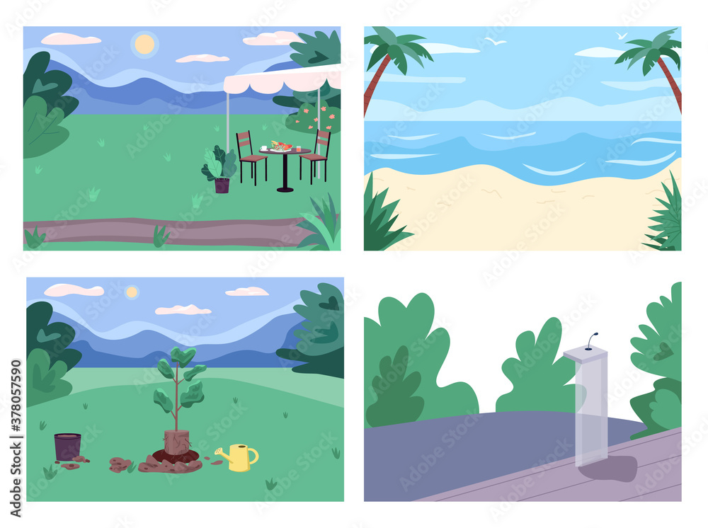 Public places flat color vector illustration set. Sandy beach and sea. Parks and recreation areas. Public gathering place 2D cartoon landscapes collection with green nature on background