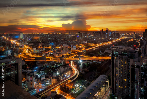Light from road and high way in Bangkok city in morning sunrise time