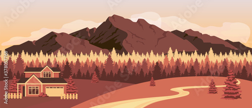 Sunset in mountains flat color vector illustration. Residence near autumn forest. Home in countryside woods. House near rockies. Fall rural 2D cartoon landscape with nature on background