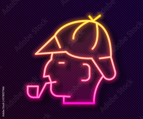 Glowing neon line Sherlock Holmes with smoking pipe icon isolated on black background. Detective. Vector.