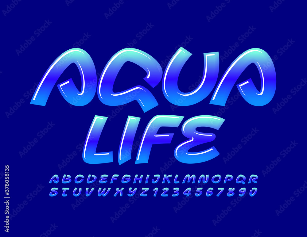 Vector creative poster Aqua Life. Blue Artistic Font. Gradient glossy Alphabet Letters and Numbers set