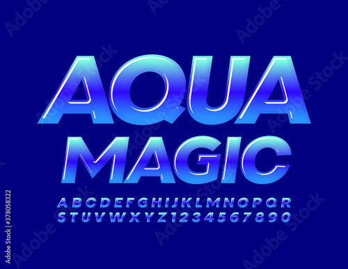 Vector event flyer Aqua Magic. Glossy Blue Font. Modern Alphabet Lettersa and Numbers set