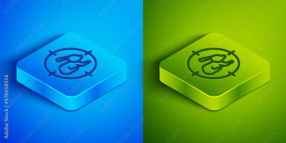 Isometric line Hunt on rabbit with crosshairs icon isolated on blue and green background. Hunting club logo with rabbit and target. Rifle lens aiming a hare. Square button. Vector. Isometric line Hunt on rabbit with crosshairs icon isolated on blue and green background. Hunting club logo with rabbit and target. Rifle lens aiming a hare. Square button. Vector.