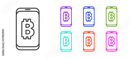 Black line Mining bitcoin from mobile icon isolated on white background. Cryptocurrency mining, blockchain technology service. Set icons colorful. Vector.