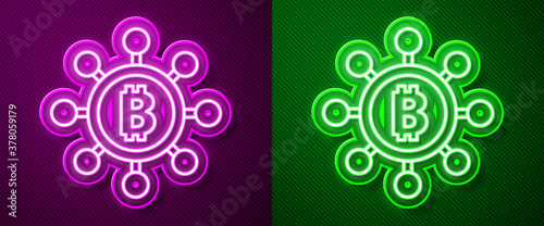 Glowing neon line Blockchain technology Bitcoin icon isolated on purple and green background. Abstract geometric block chain network technology business. Vector.