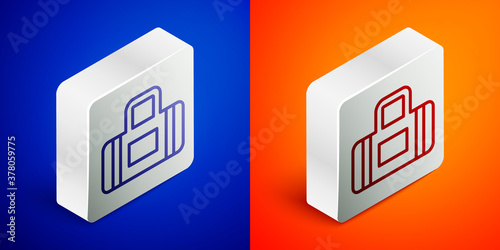 Isometric line Sport bag icon isolated on blue and orange background. Silver square button. Vector.