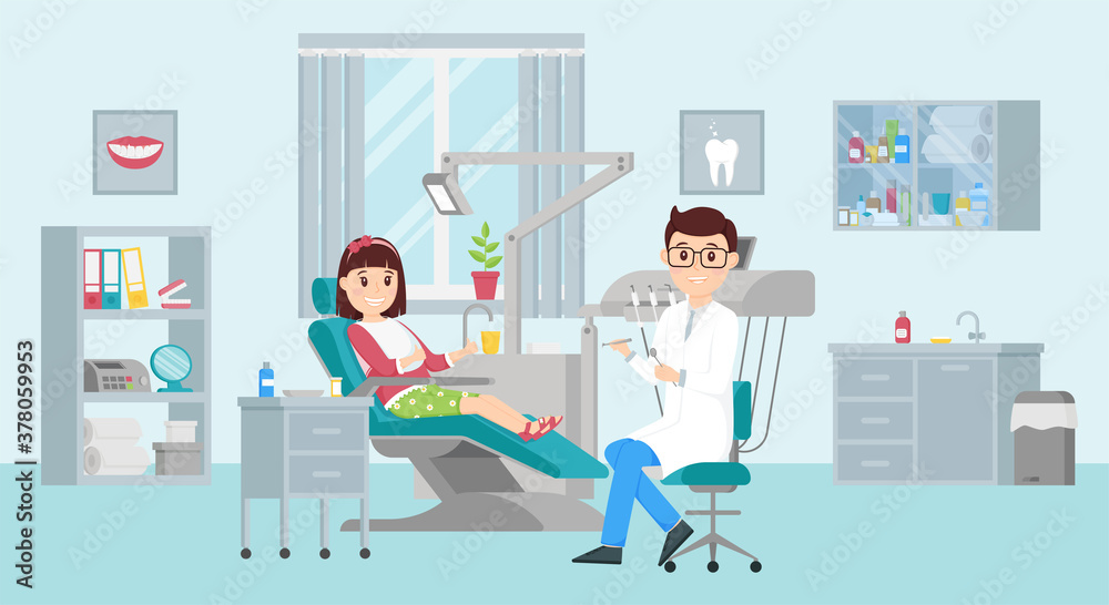 Girl is sitting in a chair at a dentist appointment.Male doctor holding instruments.Concept of a dental office.Interior with furniture and window. Cute characters are smiling. Flat vector illustration Girl is sitting in a chair at a dentist appointment.Male doctor holding instruments.Concept of a dental office.Interior with furniture and window. Cute characters are smiling. Flat vector illustration