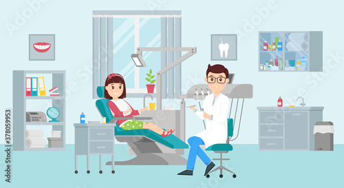 Girl is sitting in a chair at a dentist appointment.Male doctor holding instruments.Concept of a dental office.Interior with furniture and window. Cute characters are smiling. Flat vector illustration