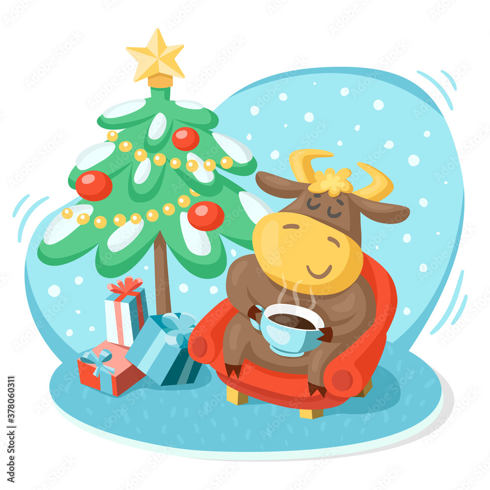 A cute bull, symbol of the new year 2021, sits in a cozy armchair with a hot cup of coffee. Decorated Christmas tree with gifts. Vector cartoon illustration isolated on white background.