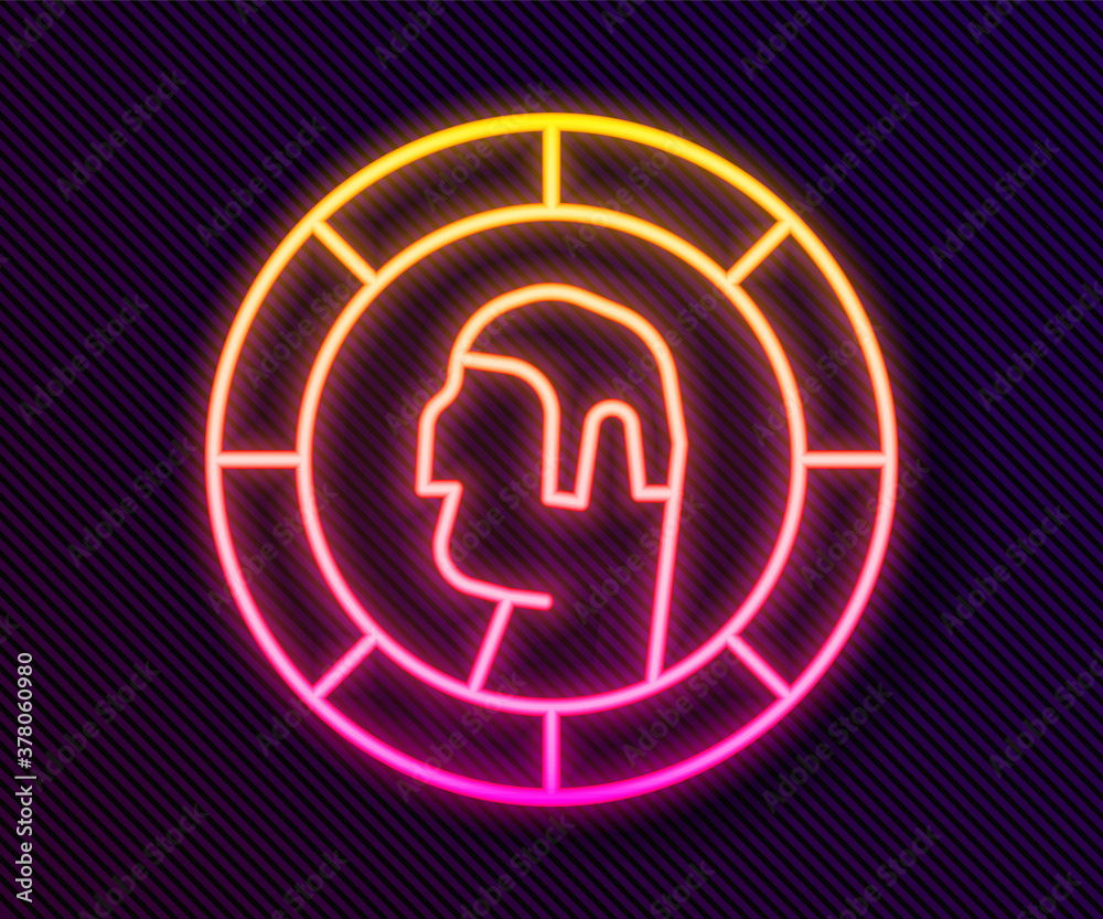 Glowing neon line Ancient Greek coin icon isolated on black background. Vector.