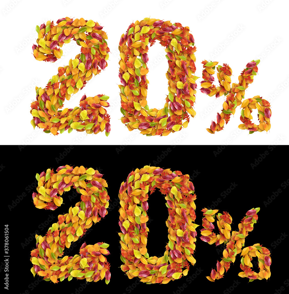 50%, 20%, Letter from autumn colorful leaves, Sale letter 3D rendering made by leaves autumn. 50%, 20%, Letter from autumn colorful leaves, Sale letter 3D rendering made by leaves autumn.