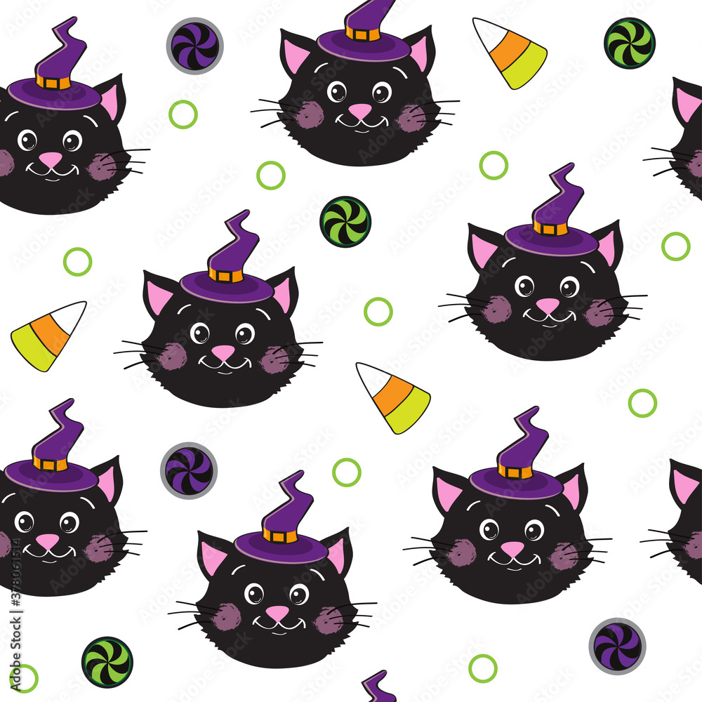 Cute black cat seamless pattern on Halloween on a white background Cute black cat seamless pattern on Halloween on a white background