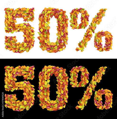 50%, 20%, Letter from autumn colorful leaves, Sale letter 3D rendering made by leaves autumn. 
