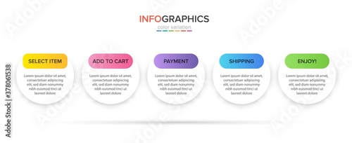 Concept of shopping process with 5 successive steps. Five colorful graphic elements. Timeline design for brochure, presentation, web site. Infographic design layout.