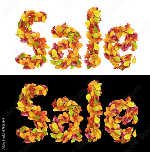 50%, 20%, Letter from autumn colorful leaves, Sale letter 3D rendering made by leaves autumn. 
