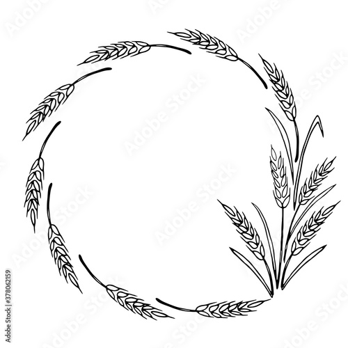 Frame made of wheat or rye ears. Vector autumn wreath hand drawn in Doodle style, black outline isolated on white background