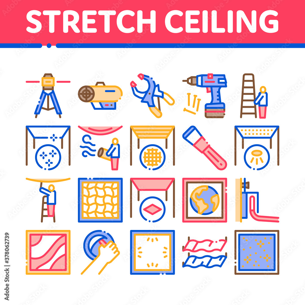 Stretch Ceiling Tile Collection Icons Set Vector. Ceiling Material And Photo Layer, Laser And Heating Equipment, Screwdriver And Ladder Concept Linear Pictograms. Color Illustrations