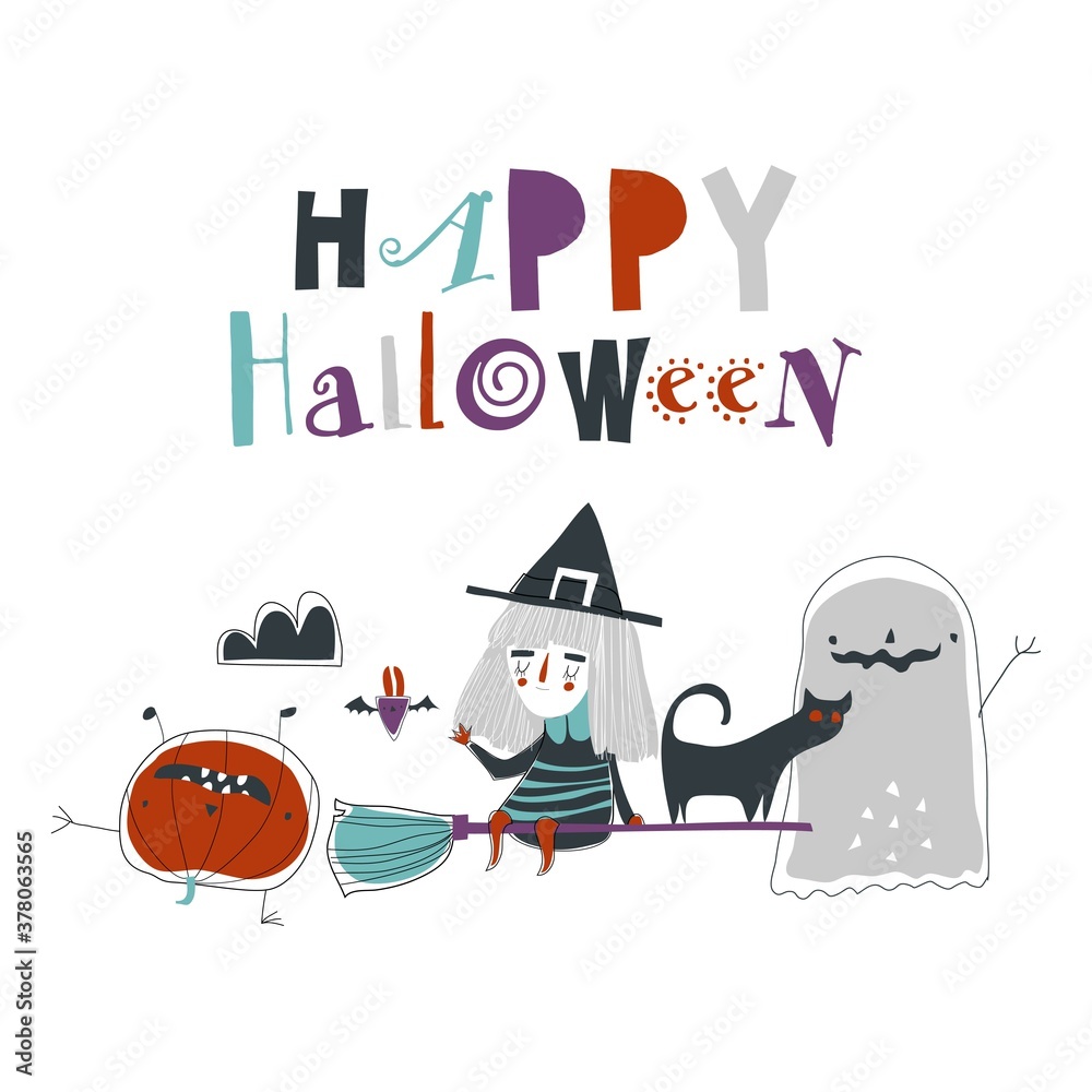 Cartoon cute halloween monsters on white background
