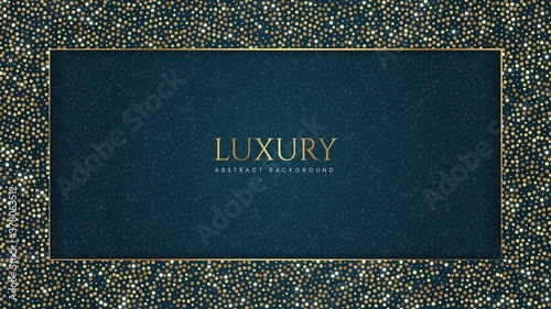 Abstract Blue Luxury Elegant Golden Frame Background with Halftone Effect Circles and Border