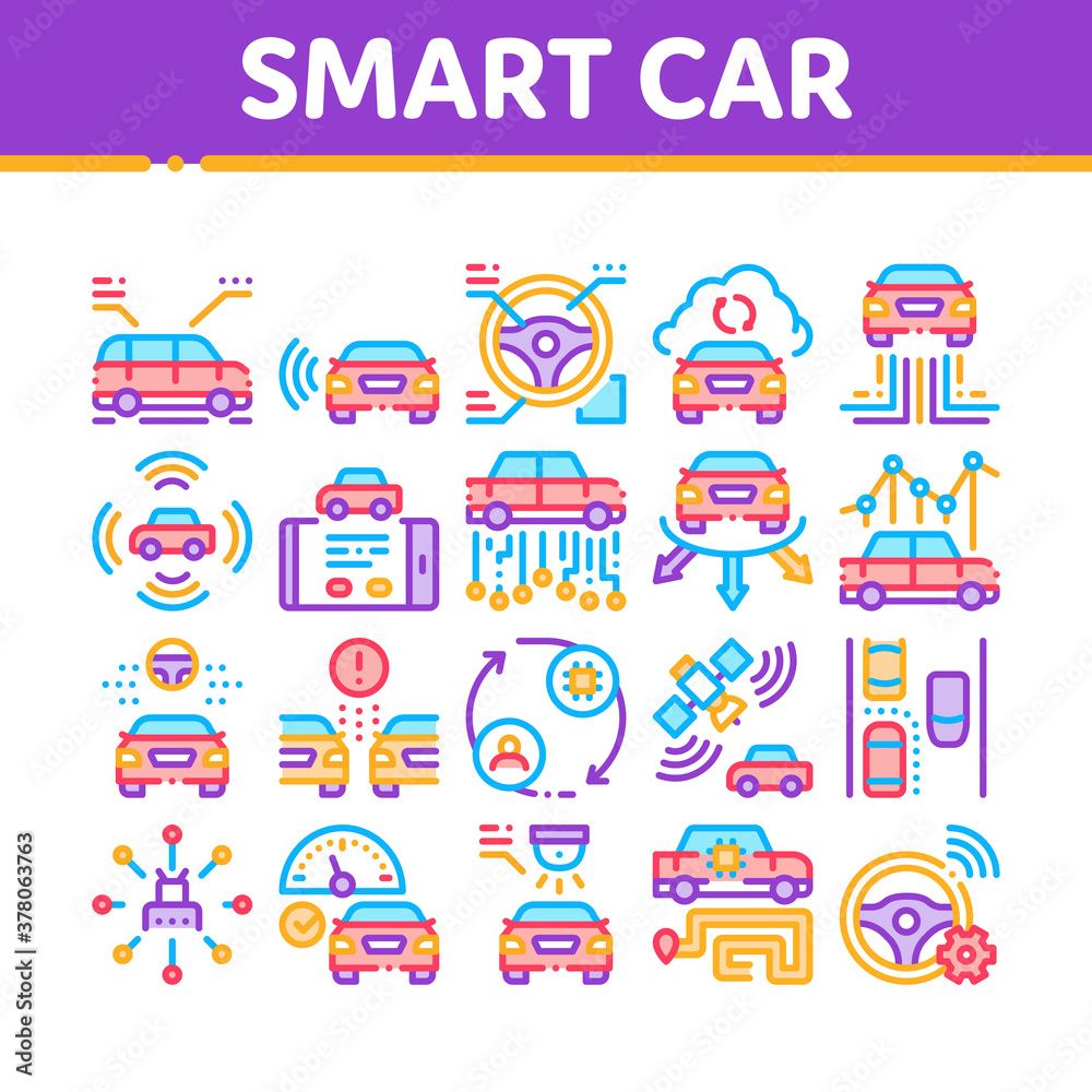 Smart Car Technology Collection Icons Set Vector. Smart Car Autopilot And Help Parking, Satellite Connection And Phone Application Concept Linear Pictograms. Color Illustrations