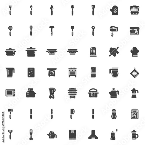 Kitchen appliances vector icons set, modern solid symbol collection, filled style pictogram pack. Signs, logo illustration. Set includes icons as coffee machine, food processor, blender, microwave