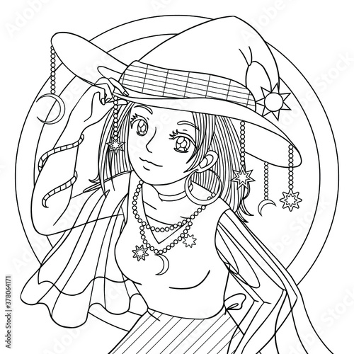Anime girl coloring page. Smiling girl in halloween costume at party. Hand drawn vector fall illustration with doodle and zentangle elements for coloring book, print, posters.