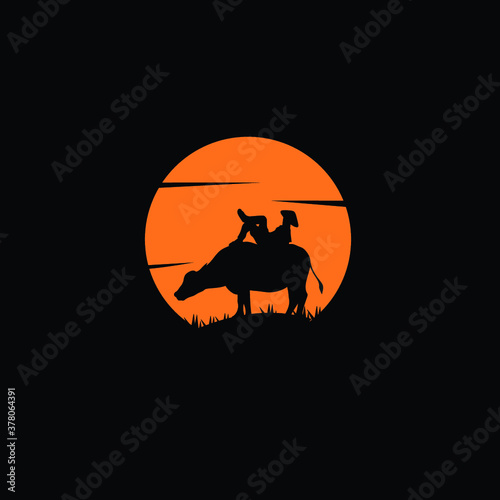 Silhouette vector of farmer riding buffalo