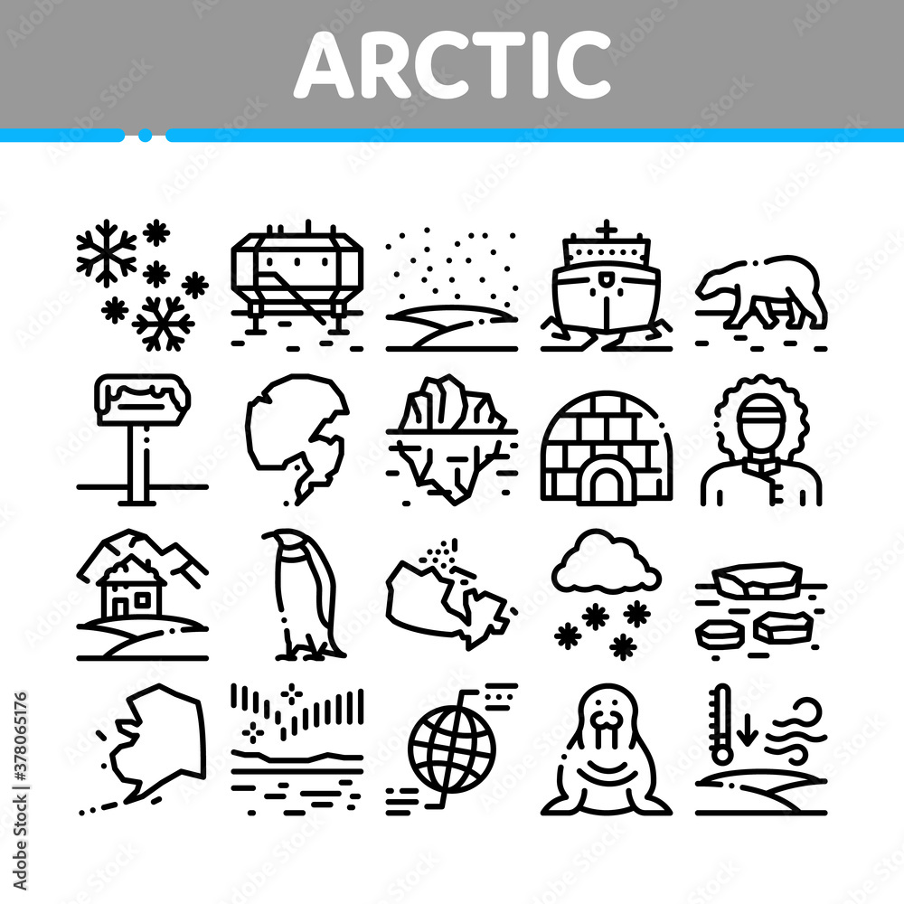 Naklejka premium Arctic And Antarctic Collection Icons Set Vector. Arctic Snow And Ice, Iceberg And Bear, Station And Ship, Penguin And Walrus Concept Linear Pictograms. Monochrome Contour Illustrations