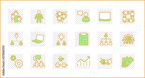Set of Team Work Related Vector Line Icons. Contains such Icons as Handshake, Check, Idea, Coffee, Gears, Cooperation, Collaboration, Team Meeting and more. Editable Stroke. 32x32 Pixel Perfect