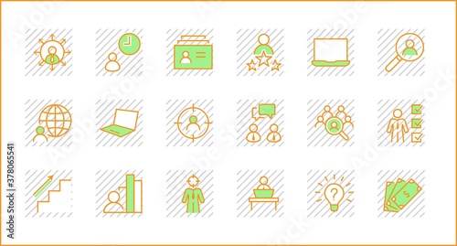 Set of Head Hunting Related Vector Line Icons. Contains such Icons as Career growth, Bulb, Candidate, Search, CV, Card Index, Outsource and more. Editable Stroke. 32x32 Pixel Perfect