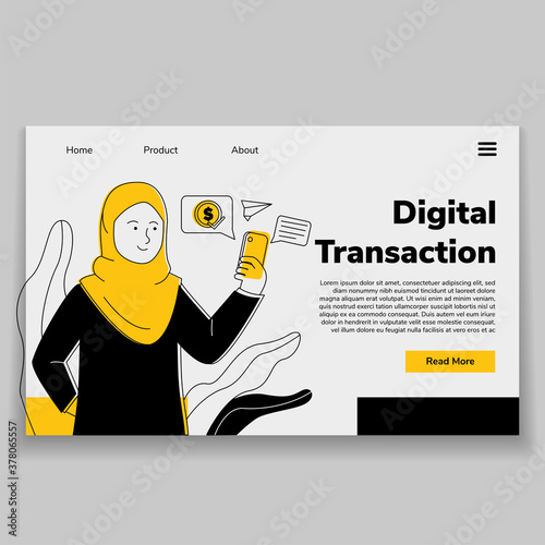 Illustration Arabian Hijab Women Transaction With Phone Web UI Landing Page