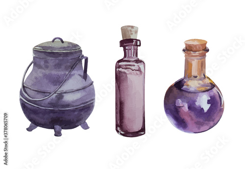 Watercolor vector autumn flasks and bowler set.