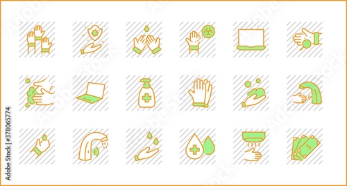 Set of Washing Hands Vector Line Icons. Contains such Icons as Coronavirus, Contactless Water Tap, Antiseptic, Washing Instruction, Hand Dryer, Soap and more. Editable Stroke. 32x32 Pixels.