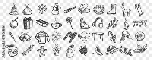 Fototapeta Naklejka Na Ścianę i Meble -  Winter doodle set. Collection of hand drawn sketches templates patterns cold season snowman and santa claus or skiing or christmas tree on transparent background. Celebration of New Year illustration.