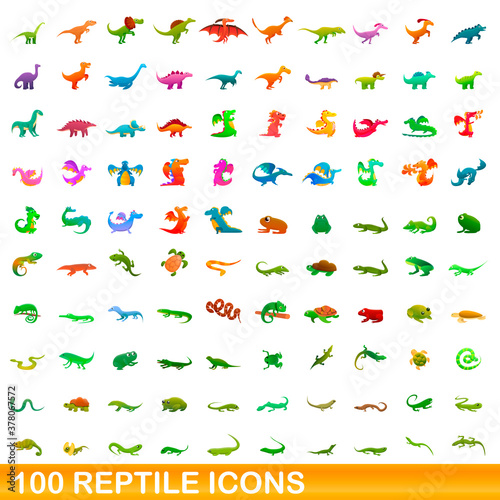 100 reptile icons set. Cartoon illustration of 100 reptile icons vector set isolated on white background