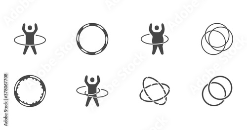 Hula hoop glyph icons. Vector illustration included icon as happy child with hulahoop, fat man exercise outline pictogram for gym. Black color silhouette