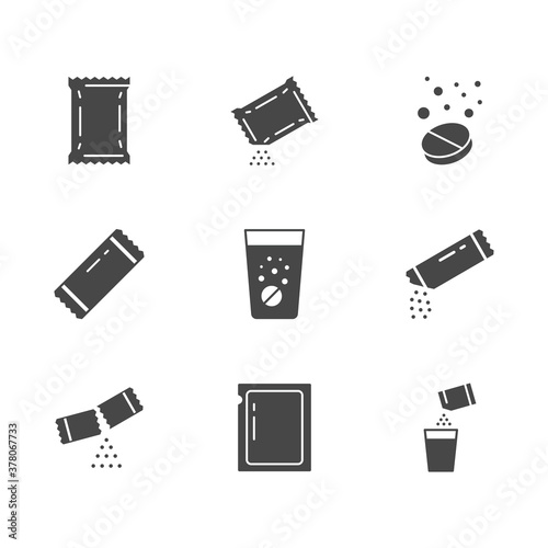 Sachet glyph icons. Vector illustration included icon as sugar powder packet, soluble pill, effervescent effect outline pictogram for medicine. Black color silhouette
