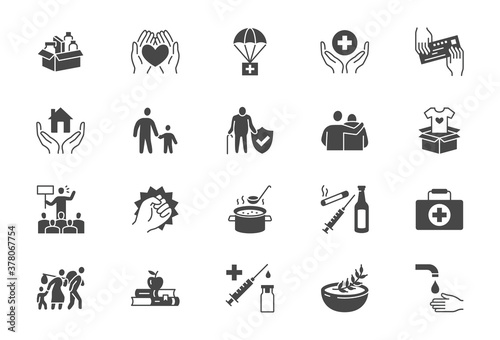 Charity, social worker glyph icons. Vector illustration included icon as donate food, humanitarian aid, pantry, homeless shelter outline pictogram for volunteer. Black color silhouette