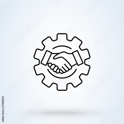 Smart Contract Setup Gear sign icon or logo line. Smart Contract  concept. Business contract and handshake outline vector illustration.