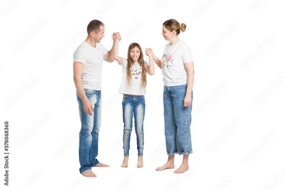 Family father, mother and daughter. Studio isolated on white Family father, mother and daughter. Studio isolated on white
