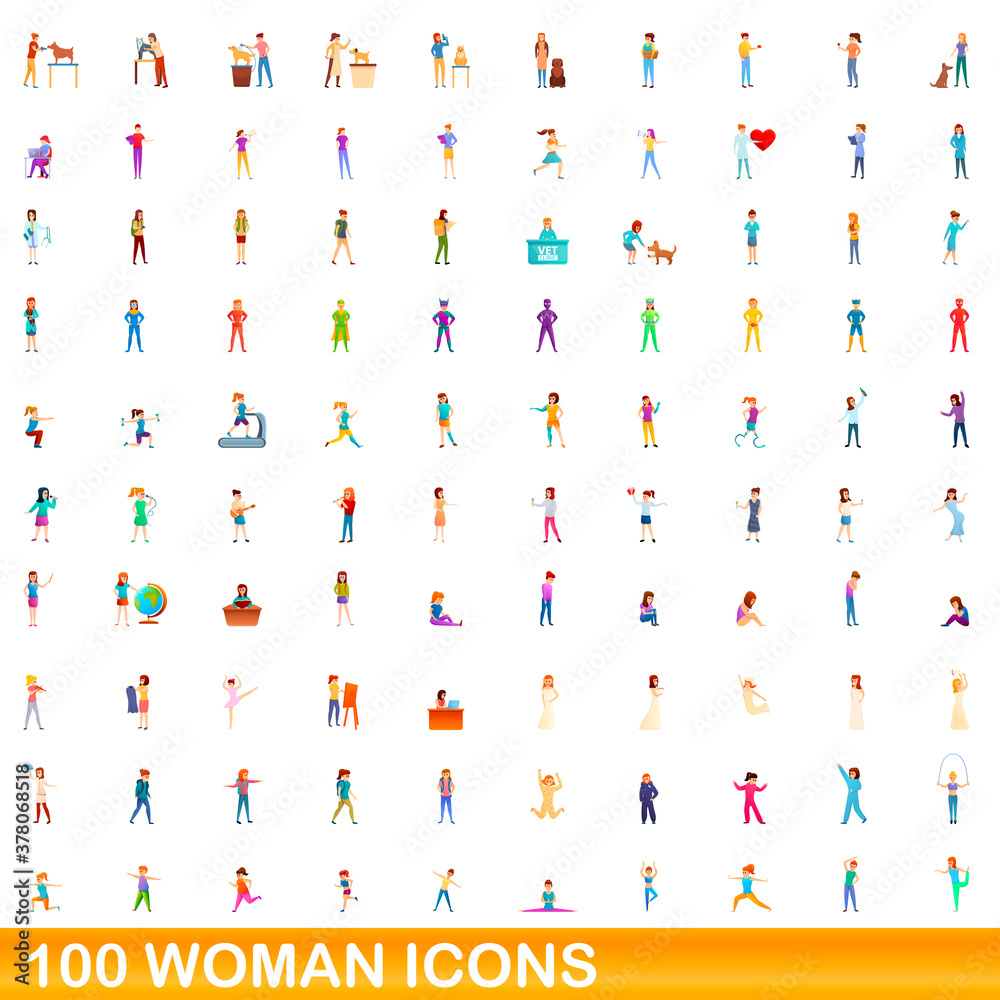 100 woman icons set. Cartoon illustration of 100 woman icons vector set isolated on white background