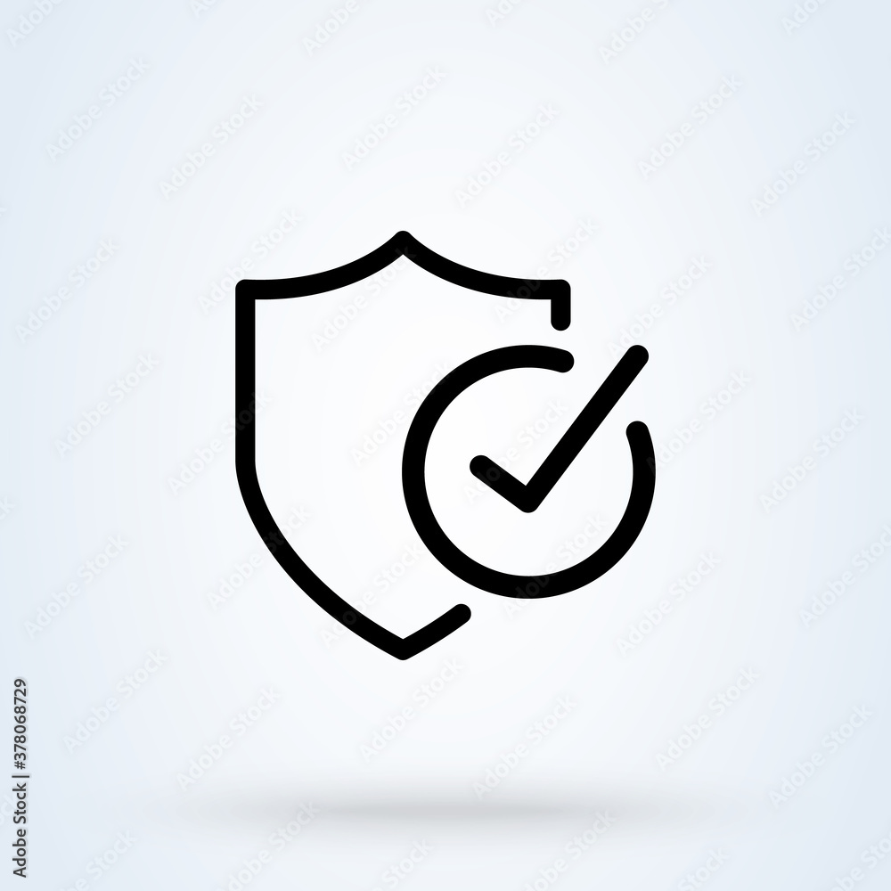Shield check mark sign icon or logo line. Protection approve concept. Safety and protection outline vector illustration. Shield check mark sign icon or logo line. Protection approve concept. Safety and protection outline vector illustration.