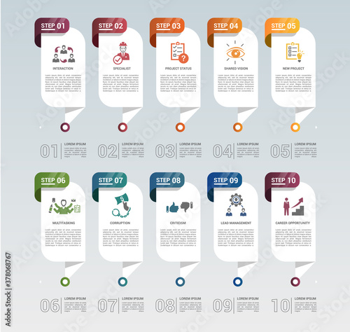 Infographic Management template. Icons in different colors. Include Lead Management, Criticism, Specialist, Interaction and others.