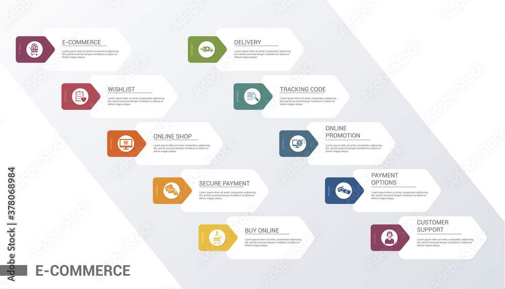 Infographic E-Commerce template. Icons in different colors. Include E-Commerce, Customer Support, Payment Options, Online Promotion and others. Infographic E-Commerce template. Icons in different colors. Include E-Commerce, Customer Support, Payment Options, Online Promotion and others.