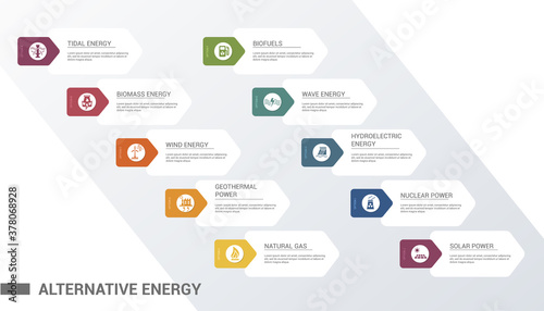 Infographic Alternative Energy template. Icons in different colors. Include Tidal Energy, Biomass Energy, Wind Energy, Geothermal Power and others.