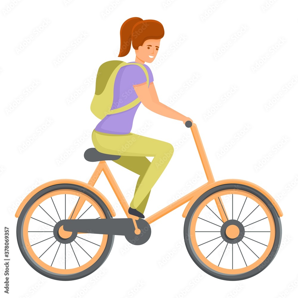 Girl ride school bike icon. Cartoon of girl ride school bike vector icon for web design isolated on white background Girl ride school bike icon. Cartoon of girl ride school bike vector icon for web design isolated on white background